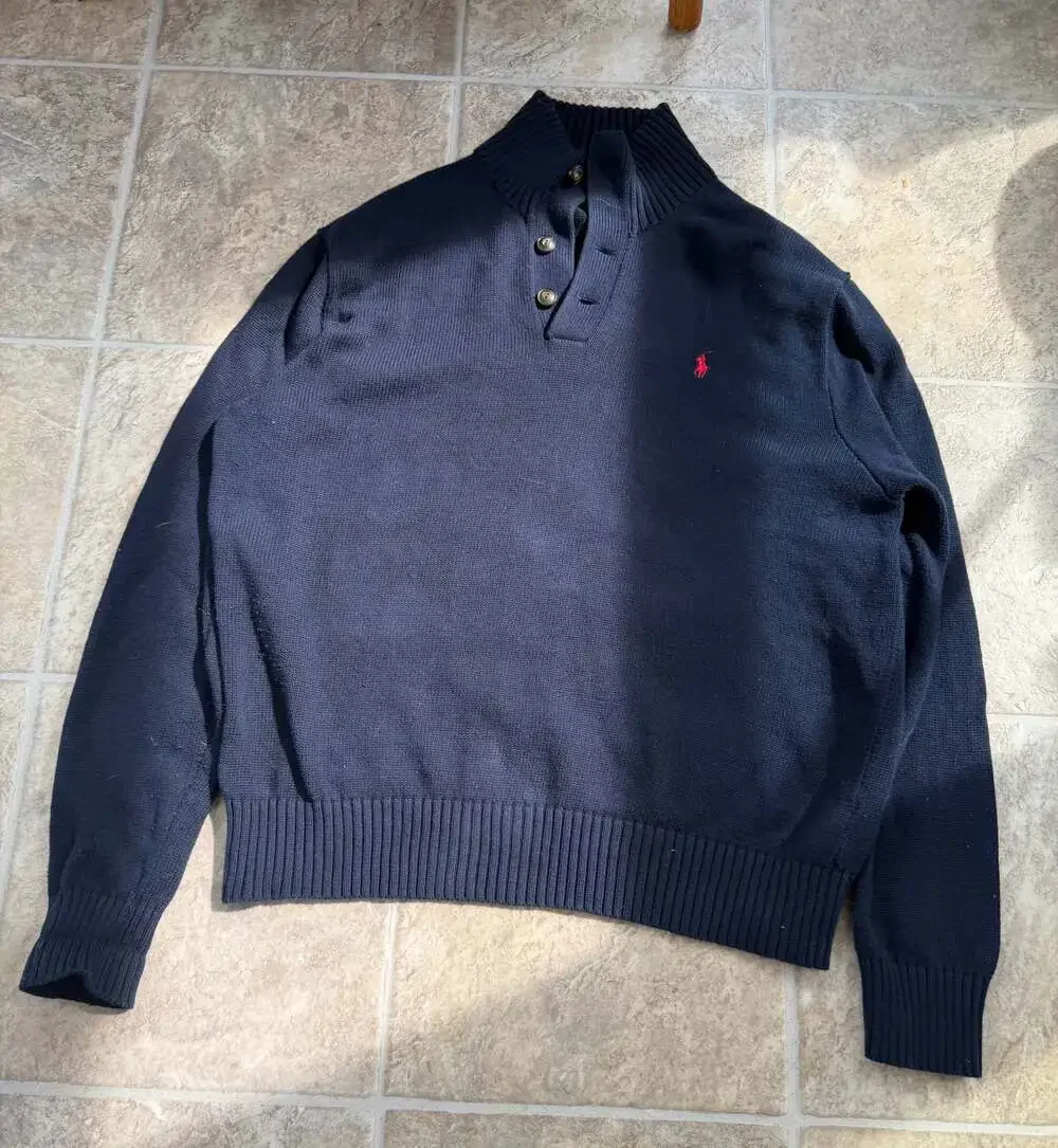 Polo Ralph Lauren Navy Blue Mock Neck Henley Knit Sweater